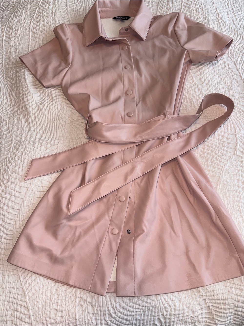 Steve Madden Blush Pink Faux-Leather Shirt Dress with Tie Belt